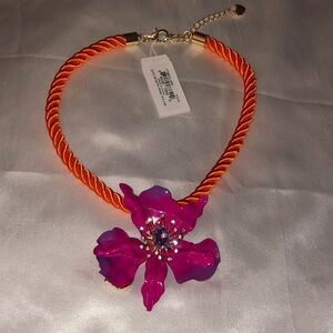Betsey Johnson Orange Nylon Rope Necklace Fuchsia Orchid Pendant Crystal NWT